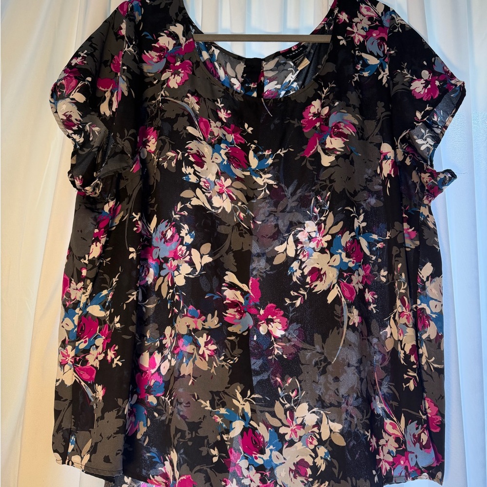 Torrid Black Floral Blouse with Pink and Blue Accents